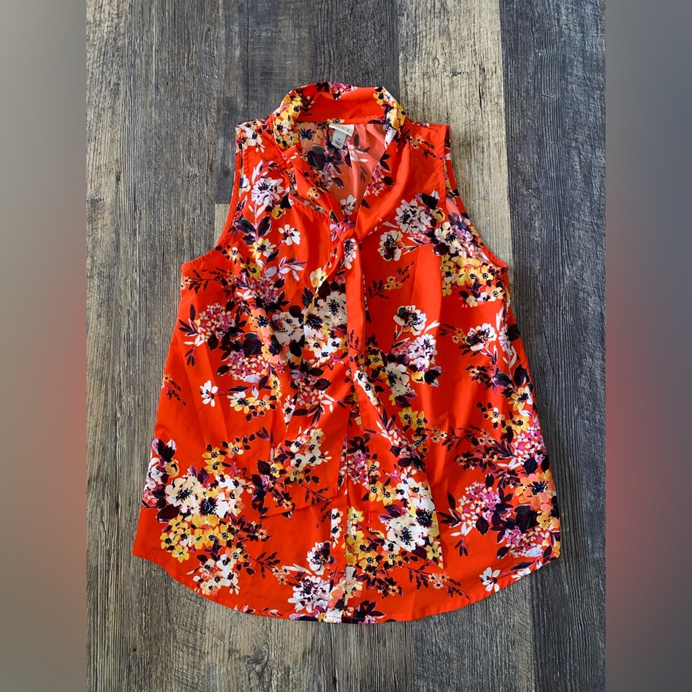 a new day Orange Floral Sleeveless Tie-Neck Blouse